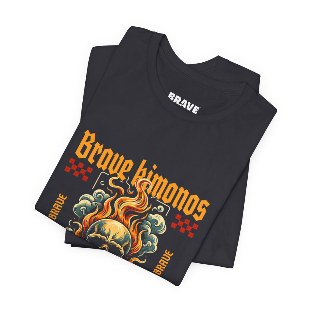 Graphic Tee — 'Brave Kimonos' Flaming Skull Design, Fight the Noise Band Shirt