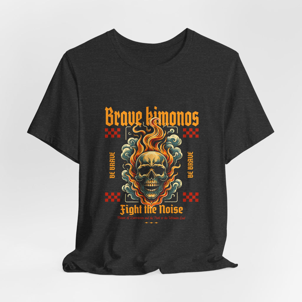 Graphic Tee — 'Brave Kimonos' Flaming Skull Design, Fight the Noise Band Shirt