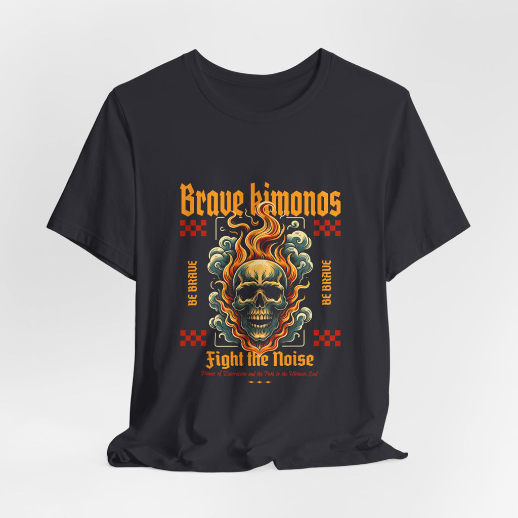 Graphic Tee — 'Brave Kimonos' Flaming Skull Design, Fight the Noise Band Shirt