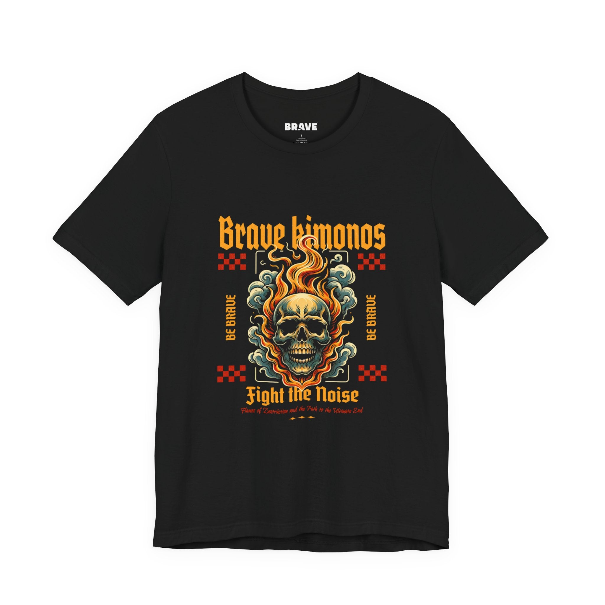 Graphic Tee — 'Brave Kimonos' Flaming Skull Design, Fight the Noise Band Shirt
