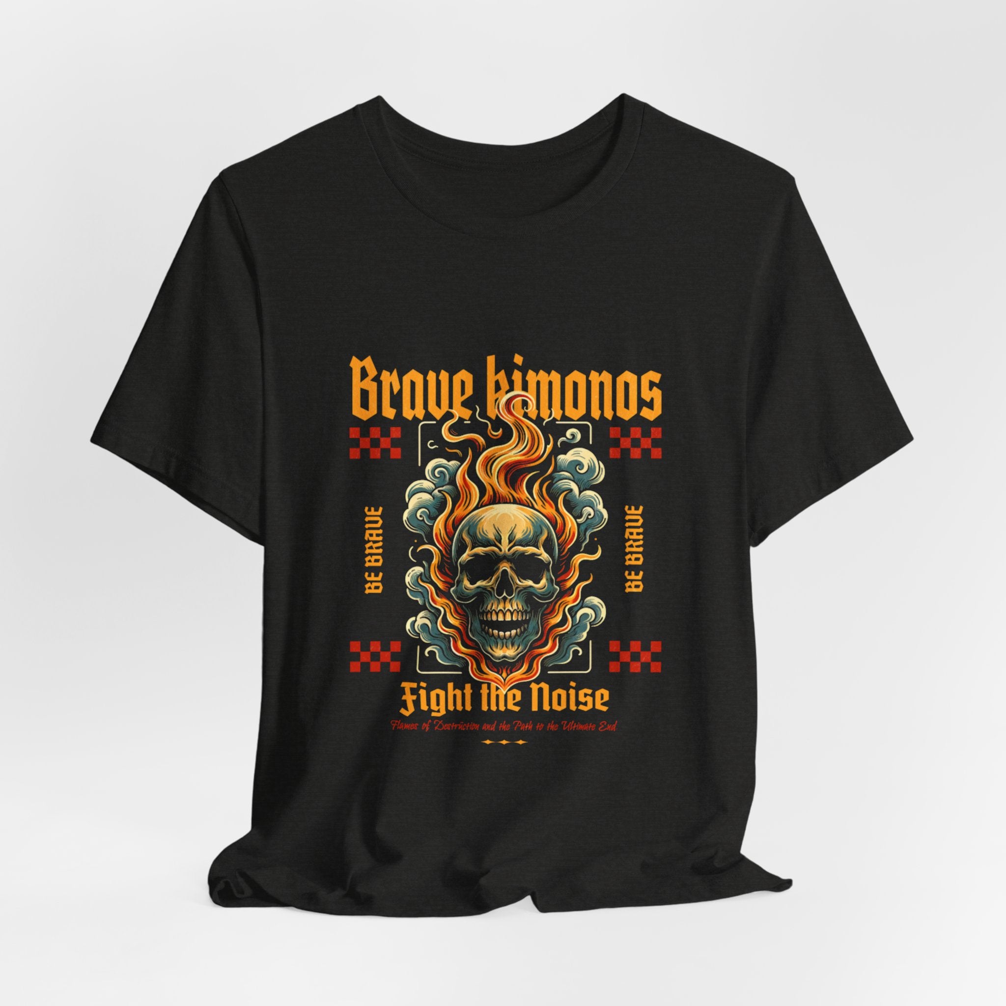 Graphic Tee — 'Brave Kimonos' Flaming Skull Design, Fight the Noise Band Shirt