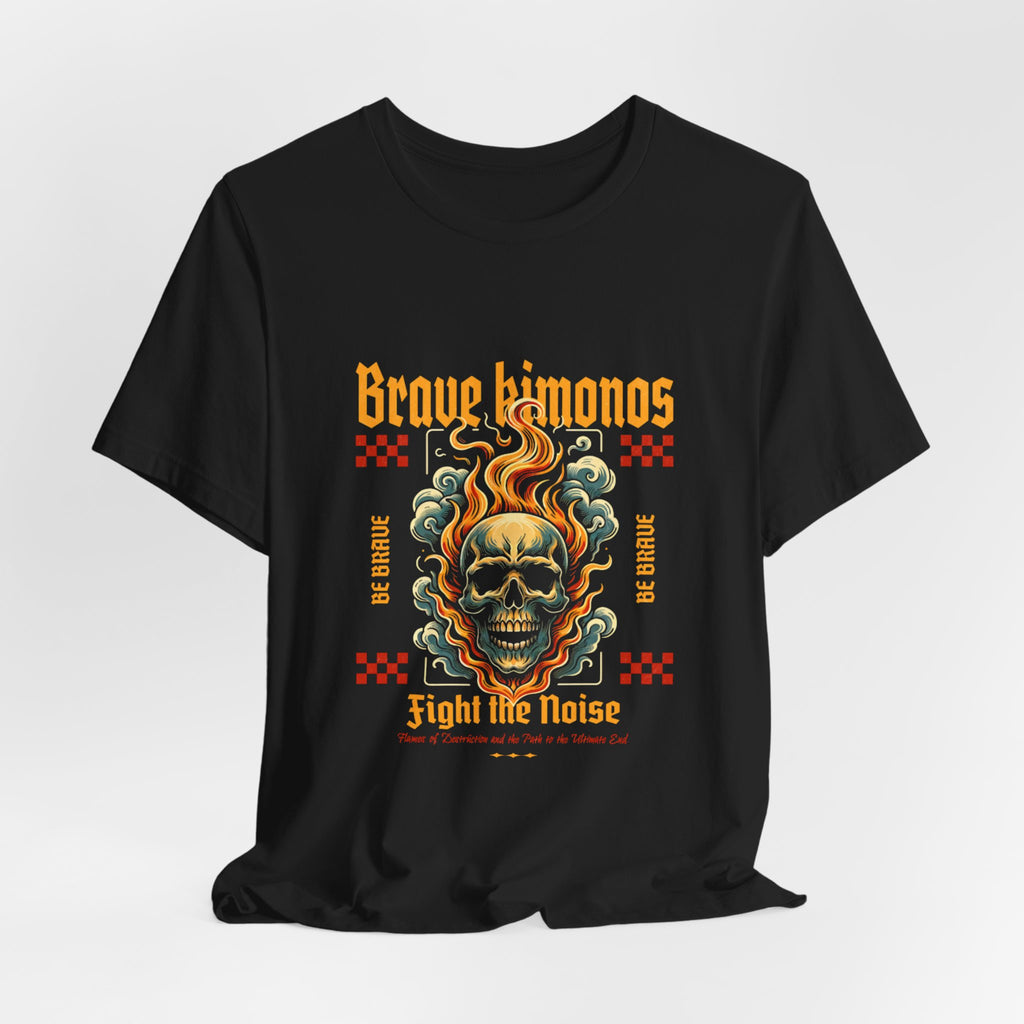 Graphic Tee — 'Brave Kimonos' Flaming Skull Design, Fight the Noise Band Shirt