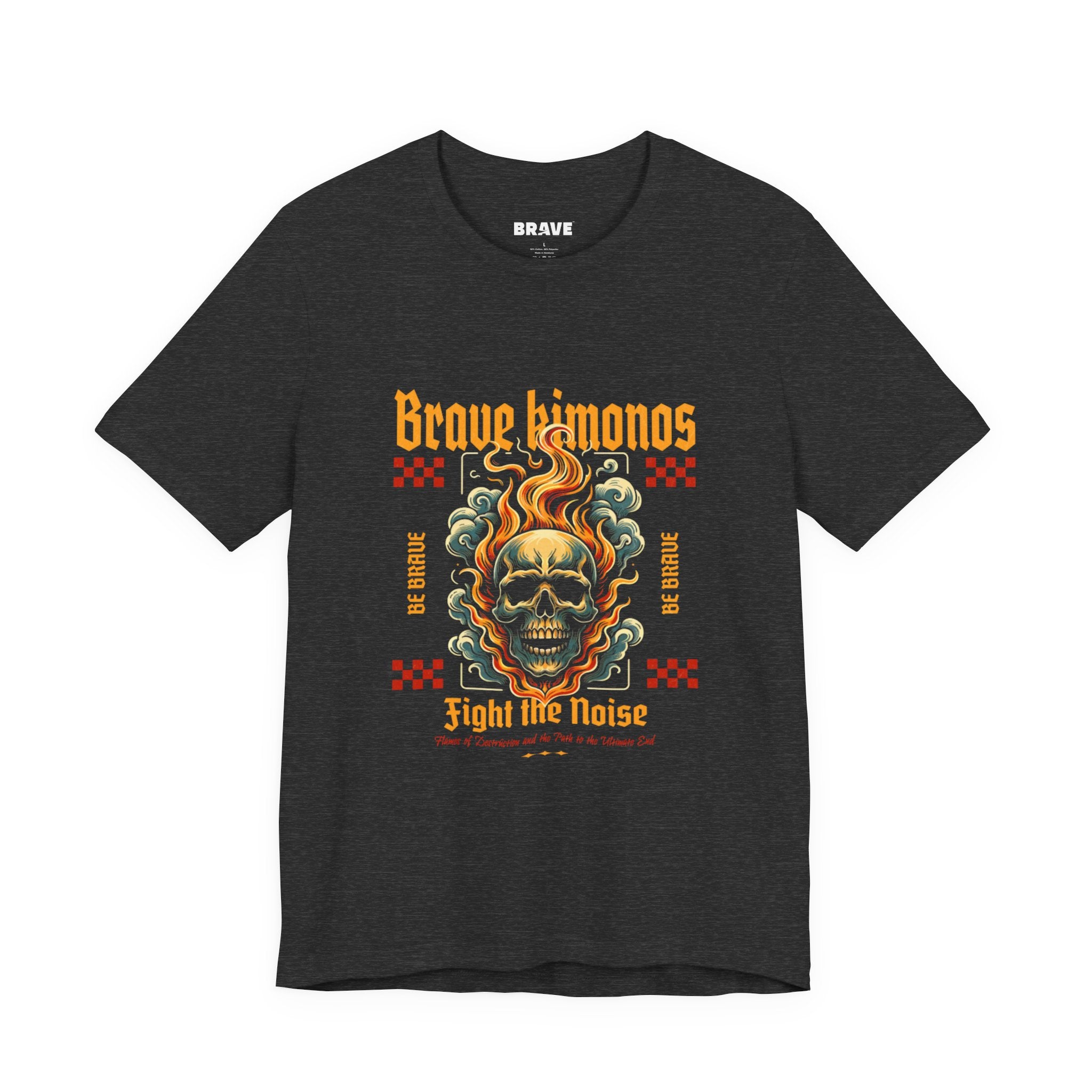 Graphic Tee — 'Brave Kimonos' Flaming Skull Design, Fight the Noise Band Shirt